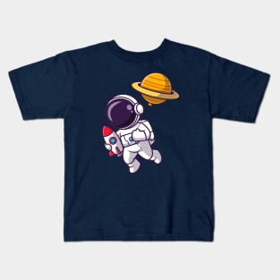 Cute Astronaut Holding Rocket With Planet Balloon Cartoon Kids T-Shirt